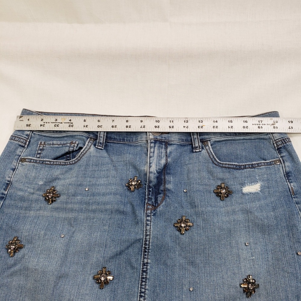 LOFT Womens Embellished Distressed Denim Mini Skirt 14 Blue Rhinestone - Picture 6 of 9